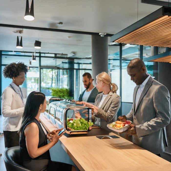 Firefly cororate canteen with multi-racial employees making healthy choices using a smart ordering s(2)